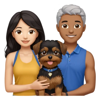 A pretty Asian girl with long, luscious wavy black hair (loose, no hair tie), wearing a sleeveless halter top. She is standing beside a brown-skinned man with a middle part haircut, who is wearing a polo shirt. They are both smiling and holding a small Yorkshire Terrier together. sticker