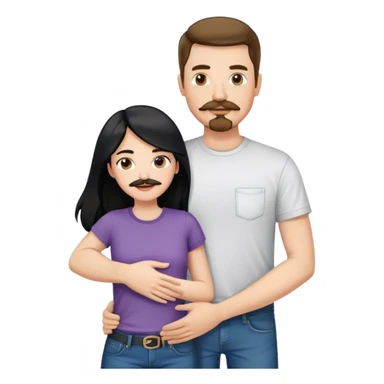 tall white man with brown hair goatee mustache wearing t-shirt and jeans hugging a shorter white woman with long black hair sticker