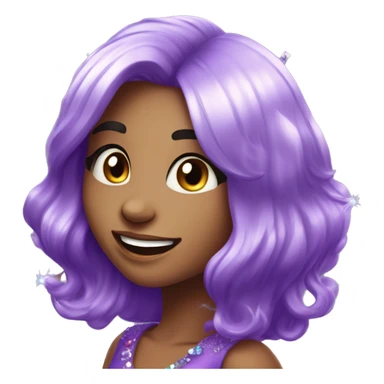 one girl with purple diamond hair made from purple crystals or diamonds or jewels, she is feeling happy and elated and excited, make her hair shiny with prisms and angles and edges, now make her hair crystallized, make her hair only crystals no real hair sticker
