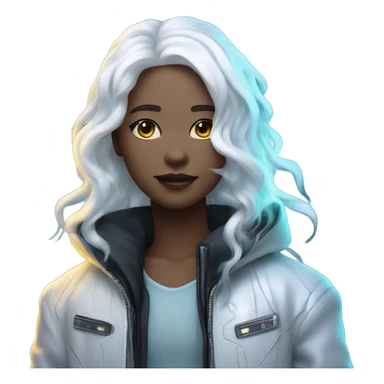 Person with long, flowing white hair, wearing a futuristic jacket with neon accents, a serene expression, surrounded by glowing stars and sparkles, evoking a cyberpunk and ethereal aesthetic. sticker