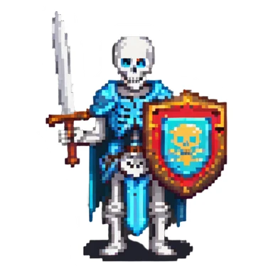pixel art skeleton with a sword and shield, retro game style sticker