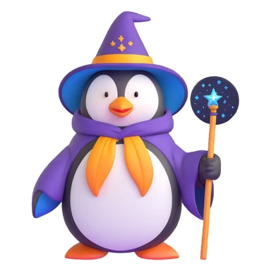 penguin wearing wizard hat and robe holding a magic wand sticker