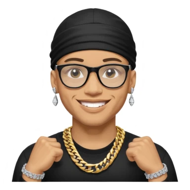 lightskin man with a black durag,a cuban link chain,glasses, and smiling flexing diamond studded grillz  sticker