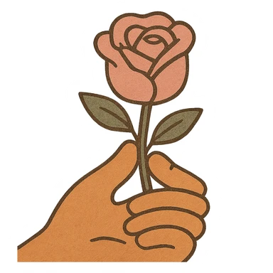 A flat illustration of a hand holding a pink rose, minimalist vector style, cartoon-like, 2D design, no shadows, soft pastel colors, clean lines, emoji aesthetic sticker