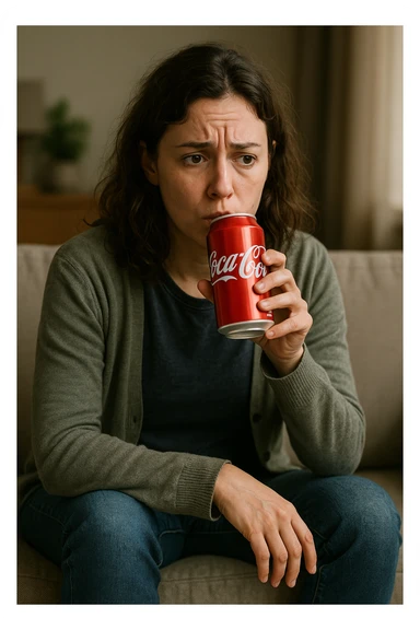 donna con ansia. Che beve coca cola. Immagini realistiche sticker