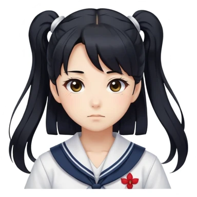 Serious anime girl with long black hair in high ponytail wearing Japanese sailor style school uniform, stern expression, kawaii style sticker