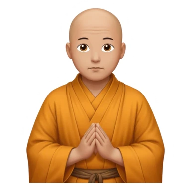 A bald monk wearing traditional robes, calm expression, hands clasped, in a serene setting sticker