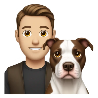 white male with dark brown hair standing alongside a white and brown pitbull sticker