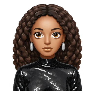 Solange with long dark brown hair, black sequin outfit sticker