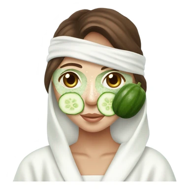 Girl with freackles Brown hair white skin and blue eyes wears Green colored texture skin care mask all over her face while She relaxes and puts two round piece of cucumber on her closed eyes In a white Robe sticker