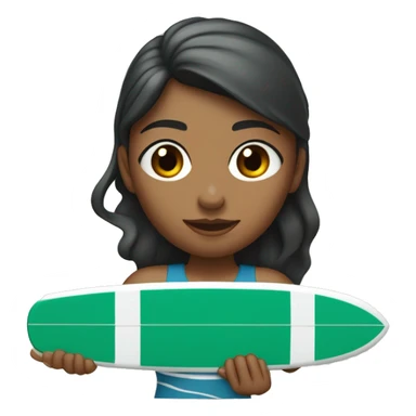Mujer pelirroja con el pelo lacio recogido en una coleta alta y una diadema deportiva negra, con un remo en la mano encima de una tabla de surf blanca con el nombre Rio en verde agua. sticker