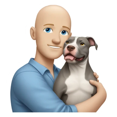bald white man with blue eyes hugging grey pit bull sticker