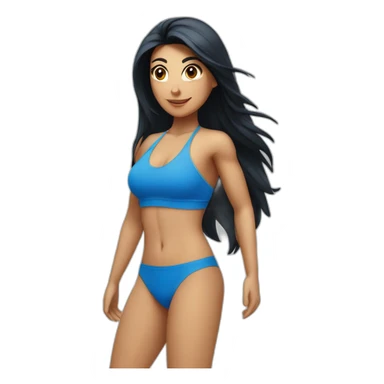Spanish woman with long black hair, in a blue fitness bikini, with a number 5 circle button p sticker
