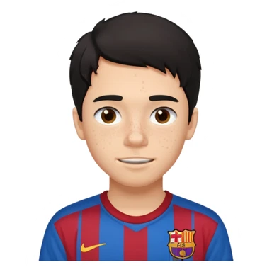 Un chico con pelo liso, desordenado y negro, tiene pecas, brackets, ojos cafés oscuros y con una camisa del Barcelona  sticker