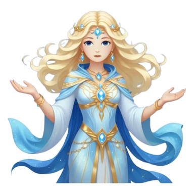 fullbody universe goddess Sophia, Ethereal Light Being, Made of starlight and fractals, Glowing white/gold skin with flowing translucent robes, Hair blue like galaxy mist, Jewelry made of stars and crystals sticker