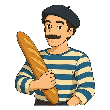 ghibli style French man with blue and white striped shirt, black beret, holding a baguette sticker