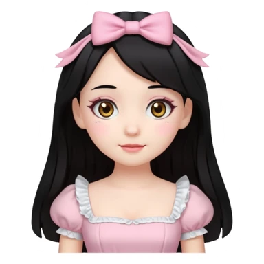 pale girl with medium length black hair, brown eyes, doll-like hime makeup, wearing a light pink hime dress, emoji style, winking sticker