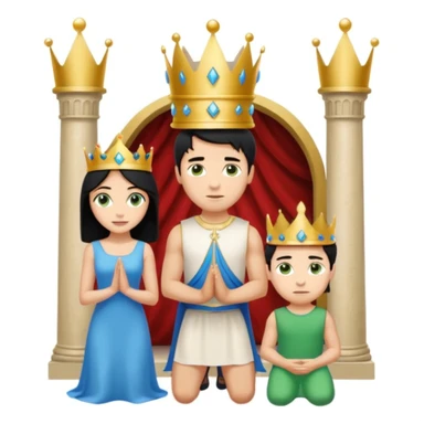 Man as king, standing, black Hair, blue eyes, simple woman, blonde, green eyes, shott white sleveless Dress, kneeling, background palace sticker