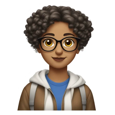 An Arabic girl with medium long curly hair but not too curly with big dark brown glasses and nice hazel eyes. And AirPods Pro max  sticker