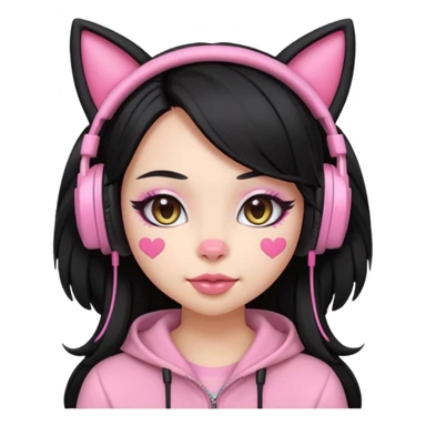 “Emoji girl, pastel pink streaks in thick long black hair hair, bold winged eyeliner, heavy blush on cheeks and nose bridge, under-eye hearts, glossy pink lips, playful smirk and gaming headphones and cat ears.” sticker