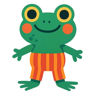 a whimsical frog with striped pants, cheerful expression sticker