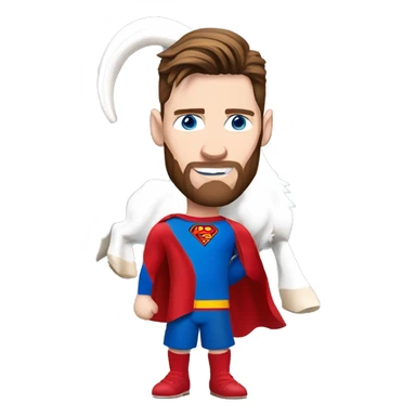 Messi holding a goat, redish hair redish beard, blue eyes, dressed as superman sticker