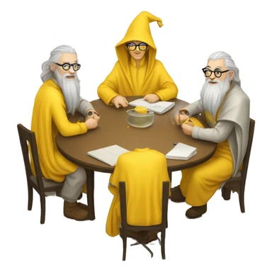 group of gandalfs, round yellow table, yellow clothes, glasses, macbooks sticker