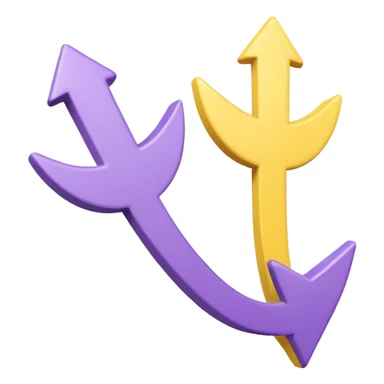 Two rounded arrows, one pointing up (yellow), one down (purple), soft 3D effect, pastel colors, Pixar style, hand-drawn texture, transparent background sticker