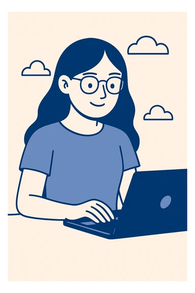 Make the girl smile, keep her long hair and glasses, focused on work, clean modern illustration style with soft and clear lines, balanced colors, and a professional atmosphere. sticker