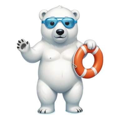 full body friendly anthropomorphised polar bear wearing swim shorts and swim goggles, standing in a puddle, holding a life buoy sticker