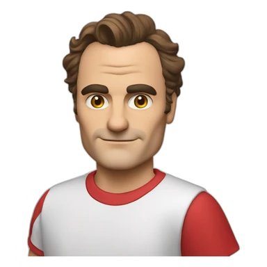 joaquin phoenix wearing a red t-shirt with text "N.E.N.N.O" sticker