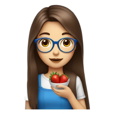 Glasses girl with long brown hair with blue in between hair eating chocolate strawberry sticker