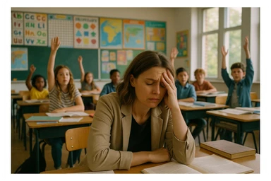 photograph of exhausted teacher in a bustling classroom sticker