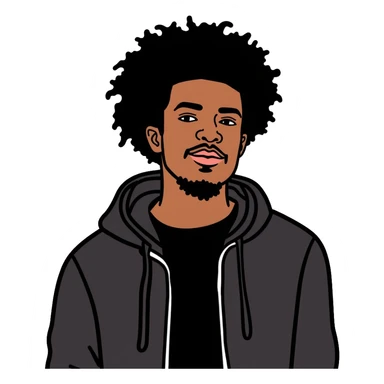 Black man with mid afro hairstyle wearing a black shirt and hoodie sticker