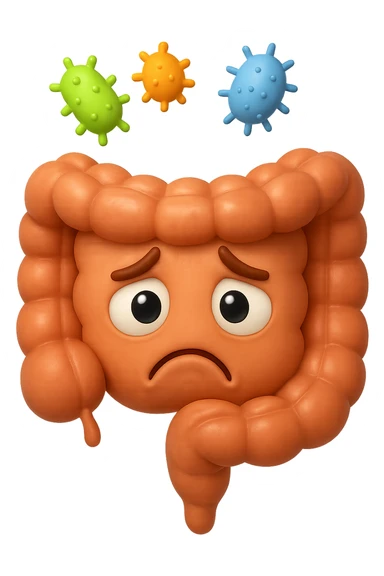 EMOJI STILE IPHONE 3D DI INTESTINO 3D CON ESPRESSIONE TRISTE  IN VOLTO MENTRE SOPRA LUI FLUTTUANO BATTERI, FAGLI ANCHE LA PARTE BIANCA DEGLI OCCHI, NON SOLO LA PUPILLA sticker