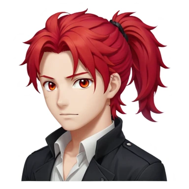 Handsome gorgeous anime man with bright-red hair, thick long messy wavy ponytail, red eyes, white shirt, black jacket, stone face, Diluc from Genshin Impact sticker