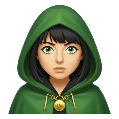claudia winkleman with a heavy fringe and a fake tan as a traitor with a green hooded cloak with a gold clasp and dark black eyeliner sticker