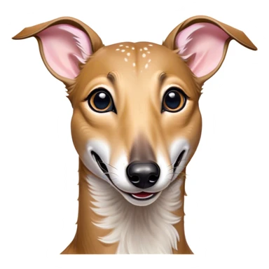 Cinematic Comical Fawn Greyhound Portrait Emoji, Head tilted dramatically with an exaggeratedly amused expression, featuring a striking fawn Fur with subtle elegance, wide, expressive eyes filled with playful disbelief, Simplified yet hilariously expressive features, highly detailed, glowing with a slightly sassy glow, high shine, dramatic yet playful, stylized with an air of cheeky charm, bright and endearing, soft glowing outline, capturing the essence of a spirited and over-the-top racer, so meme-worthy it feels like it could side-eye its way into internet fame instantly! sticker