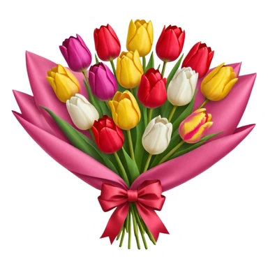 bouquet of many tulip with bow and yellow wrapping paper sticker