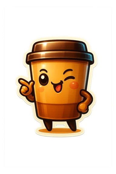 Tall coffee cup, pointing, winking, clinking tongue, cocky sticker