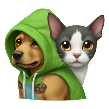 dog and cat mixed with a hoodie on with a turtle sticker