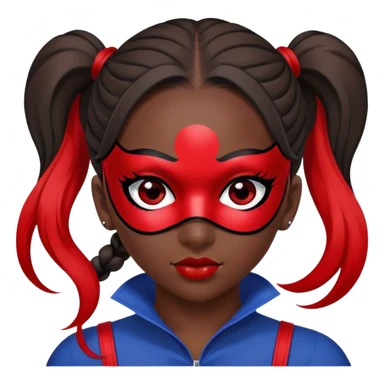 À girl with 2 ponytails, her hair are dark blue, she as a mask red with black point on her eyes and a combinaison red with black point sticker