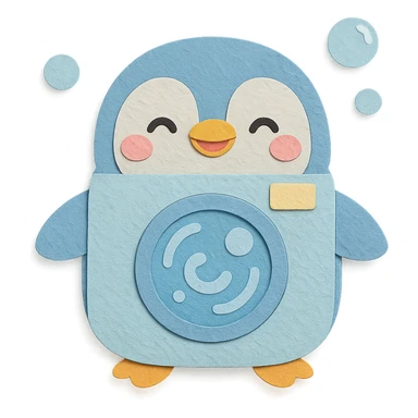 chibi washing machine-penguin hybrid, spinning soap bubbles, happy face, pastel blue, full-body sticker
