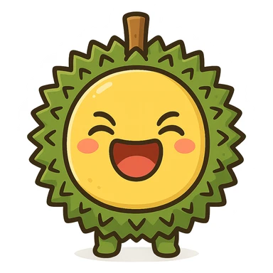 chibi style round durian character with green spiky shell and yellow flesh, laughing with eyes closed and mouth wide open, kawaii style, full-body sticker