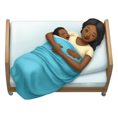 pregnant women holding her newborn baby in a blue swaddle blanket and she in laying down on a hospital bed sticker