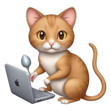 A cat with a mouse in its hand, computer mouse and a design sticker