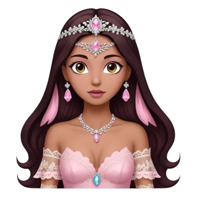 enchantress goddess wearing a embellished shimmering light powder white lace and swarovski pink gown with tanned skin and super long dark brown hair sticker