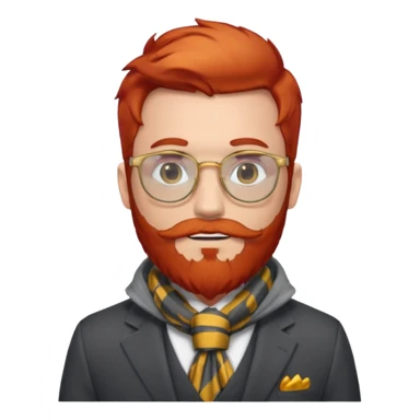 gray scarf, male,  beard, red hair, with suit, gold glasses sticker