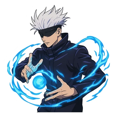Gojo Satoru, white hair, blindfold, using infinity technique, blue energy, inspired by Jujutsu Kaisen, anime style, no background sticker