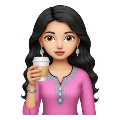 a pretty bratz fair indian girl wearing a pink kurti, drinking takeaway coffee. Silver jhumkas, black wavy hair sticker